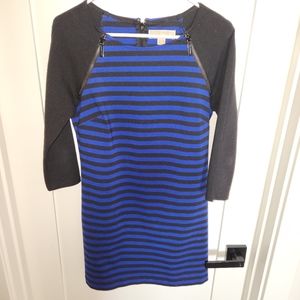 Michael Kors 3/4 Sleeves Striped Mini Dress, Zipper Shoulder Accents, Size 8